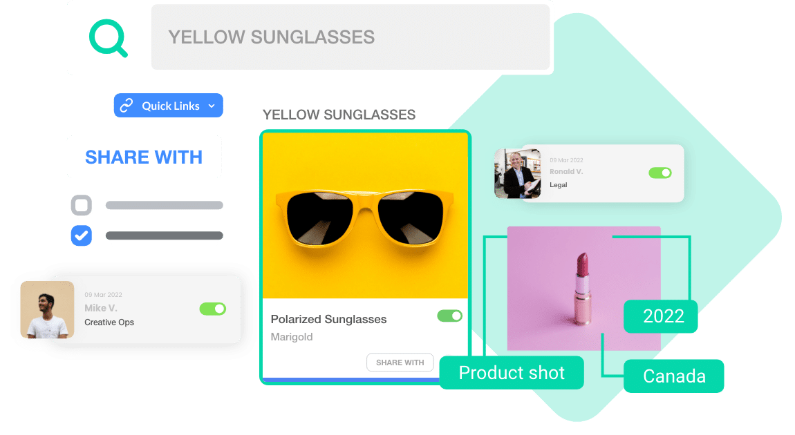 Picture of yellow sunglasses, search bar, notifications, and metadata