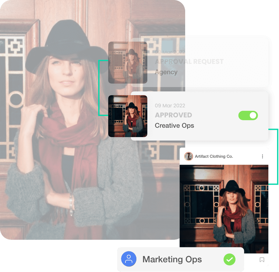 Picture of woman wearing hat and approval notifications