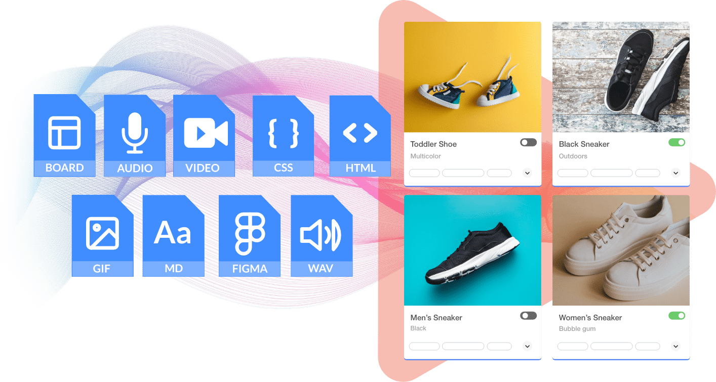 Images of shoes alongside icons of different formats of media