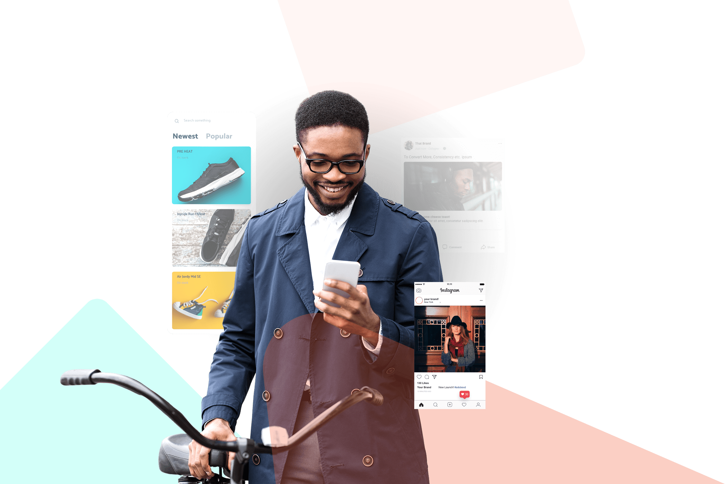 Man smiling looking at phone surrounded by eCommerce and Instagram screens