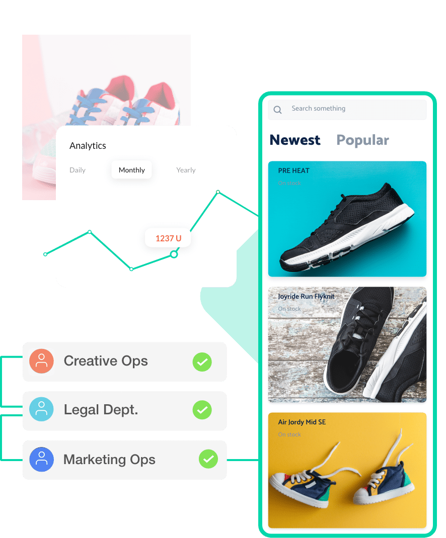 Picture of shoes in an ecommerce site next to analytics chart and approval notifications