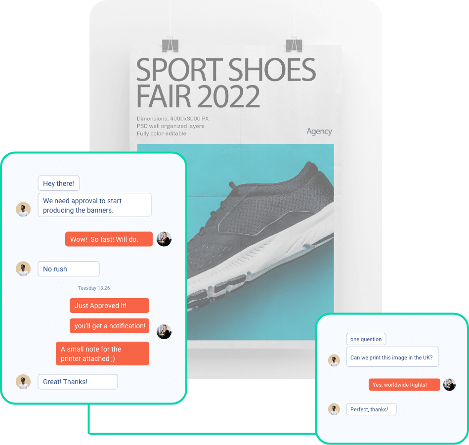 Text discussion between two people on top of image of shoes