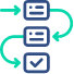Blue dialogue boxes, green workflow arrows
